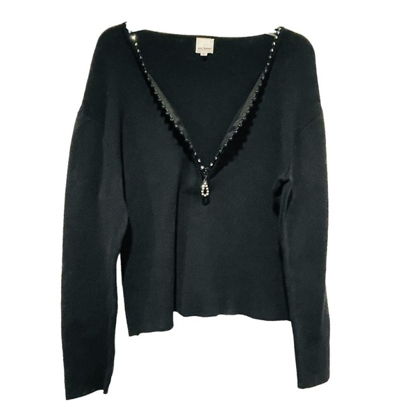 von saken black sweater top large rhinestone embellished V Neck 1/2 Zip - Picture 1 of 5